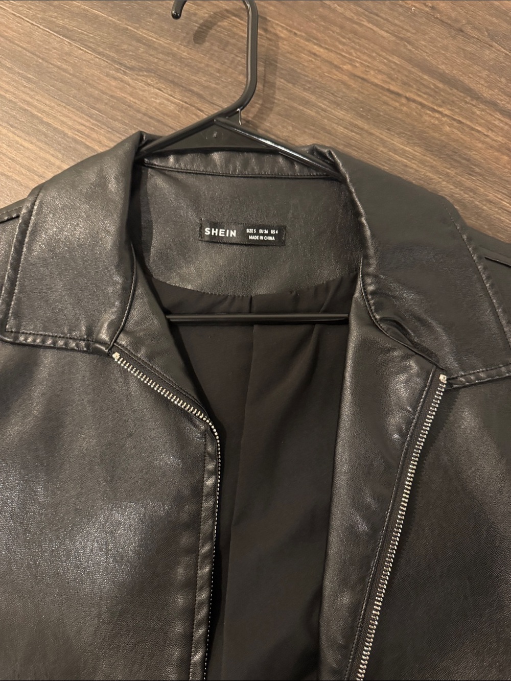 SHEIN Men's Black Faux Leather Biker Jacket with Silver Zipper